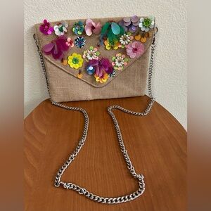 Colorful Floral Embellished Burlap Chain Strap Clutch
